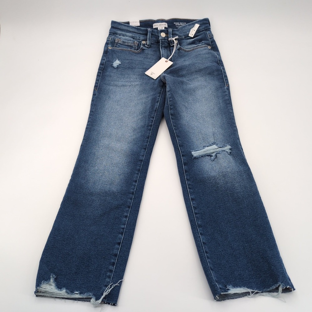 NWT Good American Good Petite Straight Fit Jeans Size 2/26 Mid Rise Blue 25.5"